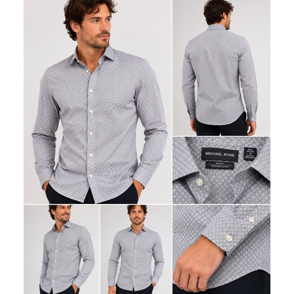Michael Kors Mens Slim Fit Untucked Length Grey Geometric Dress Shirt Medium